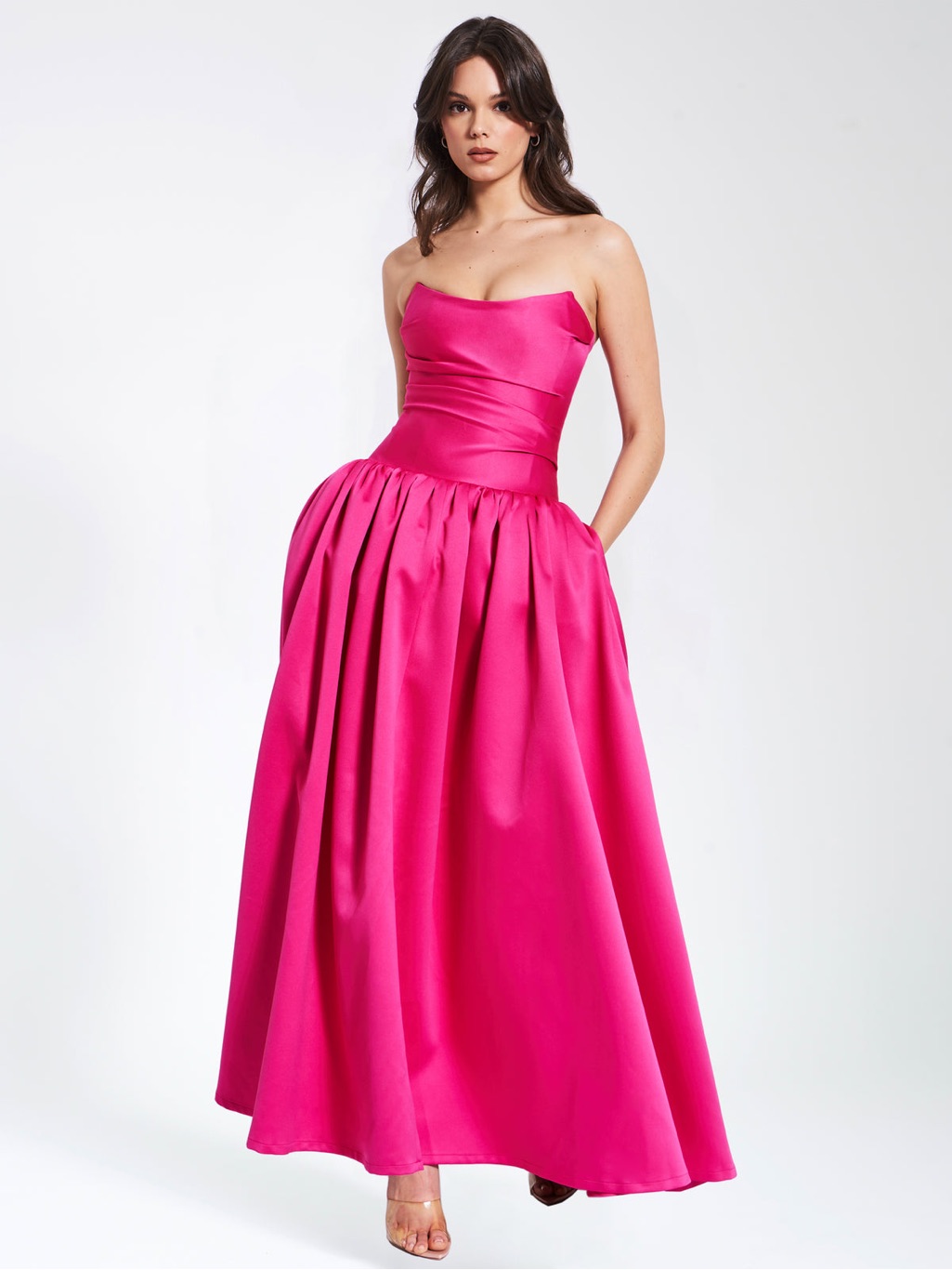 Strapless Hot Pink Satin Ball Gown Dress